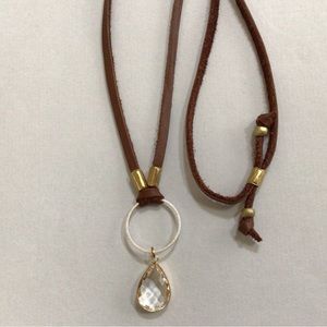 handcrafted Sundance charm necklace genuine leather cord clear quartz bezel
